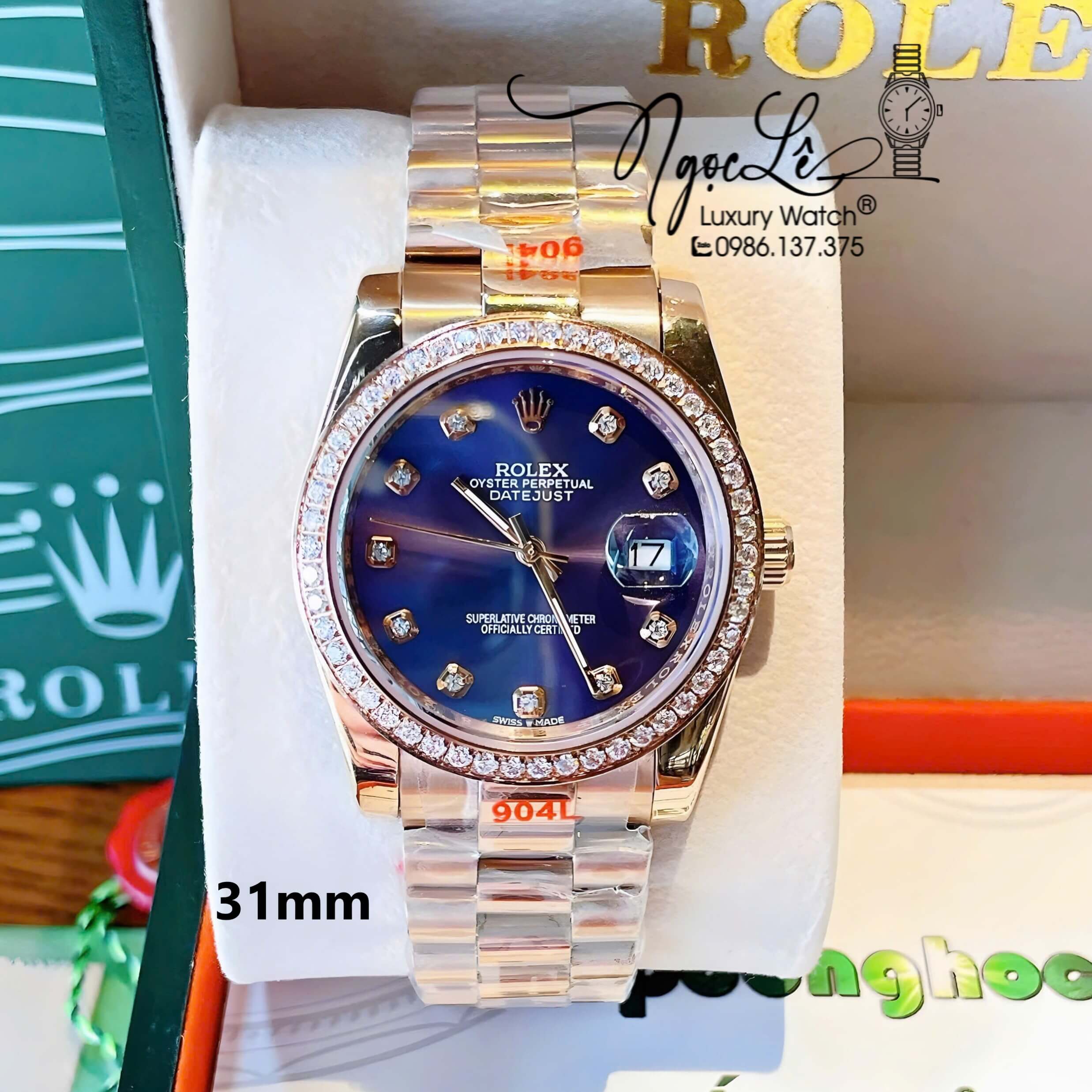 Đồng Hồ Rolex Datejust Quartz Dây Vàng Hồng Mặt Tím Size 36mm Đính Đá