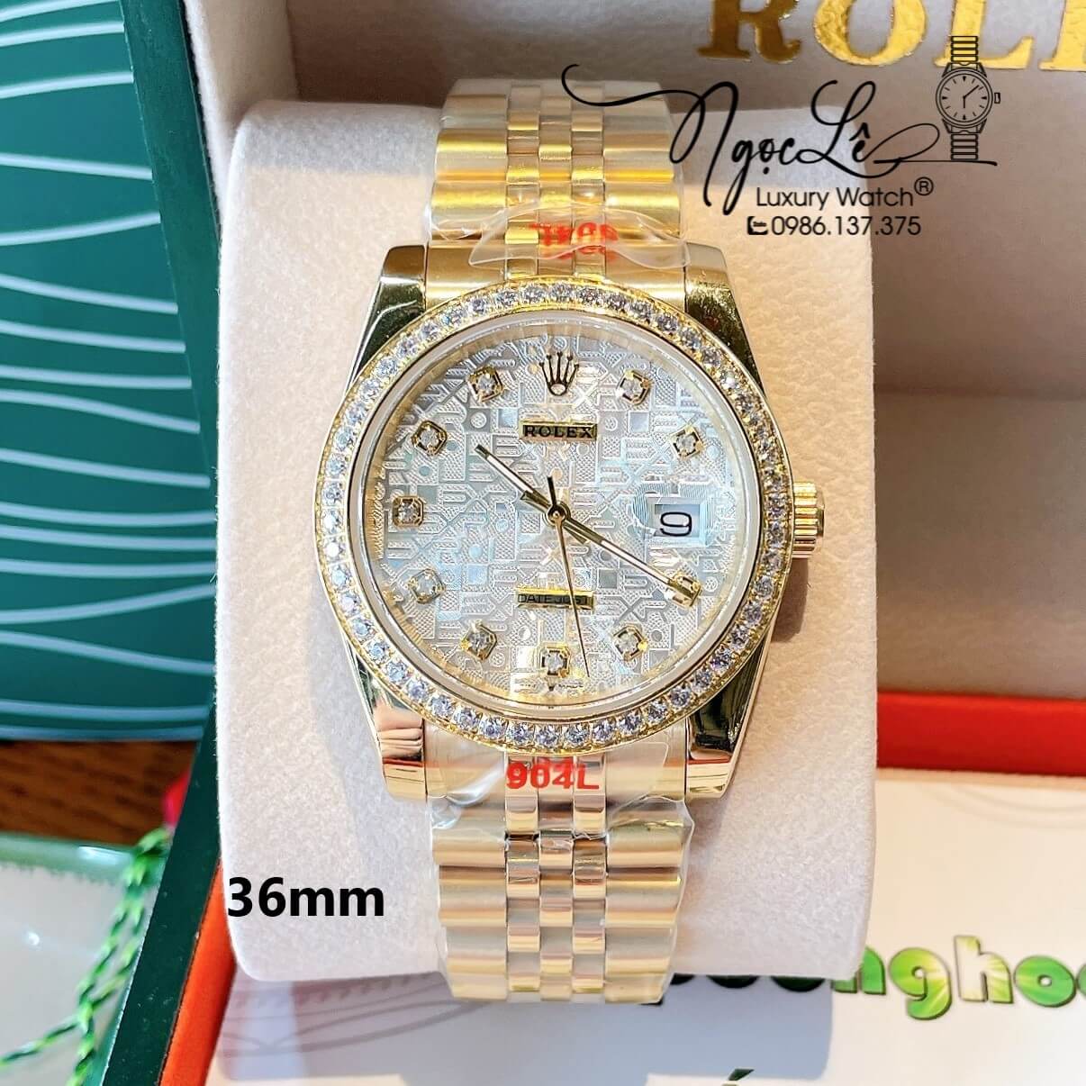 Đồng Hồ Rolex Datejust Quartz Dây Vàng Mặt Trắng Vi Tính Size 36mm Đính Đá