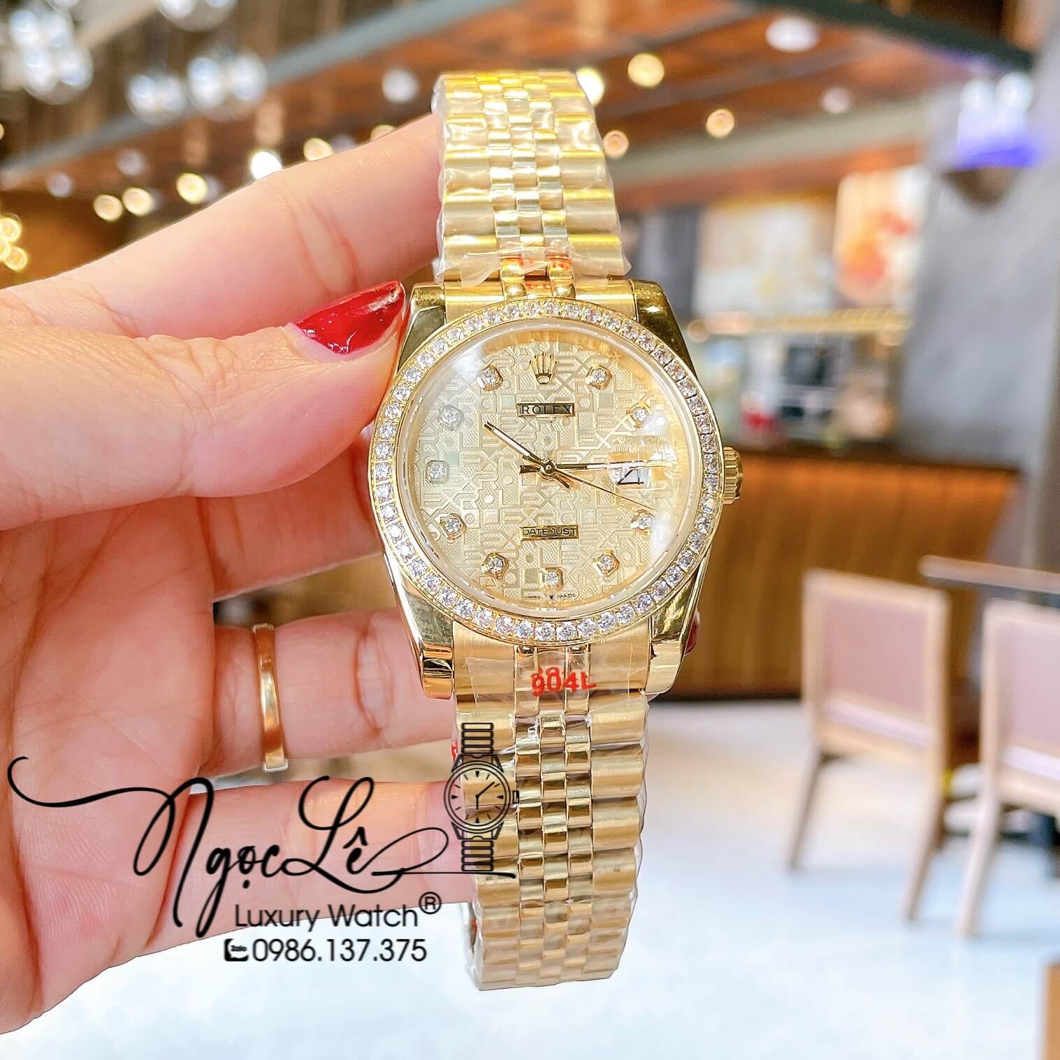 Đồng Hồ Rolex Datejust Quartz Dây Vàng Mặt Vàng Vi Tính Size 36mm Đính Đá