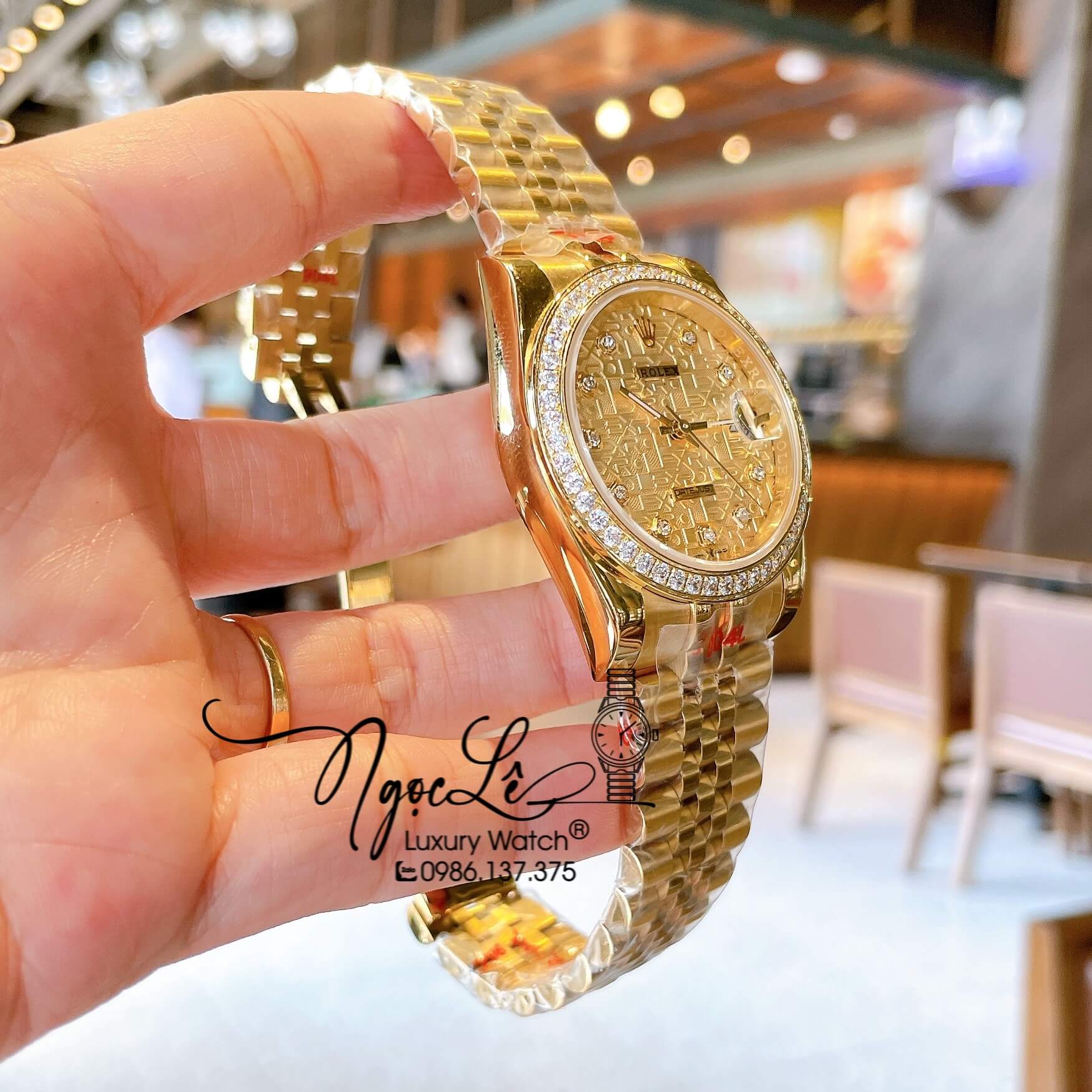 Đồng Hồ Rolex Datejust Quartz Dây Vàng Mặt Vàng Vi Tính Size 36mm Đính Đá