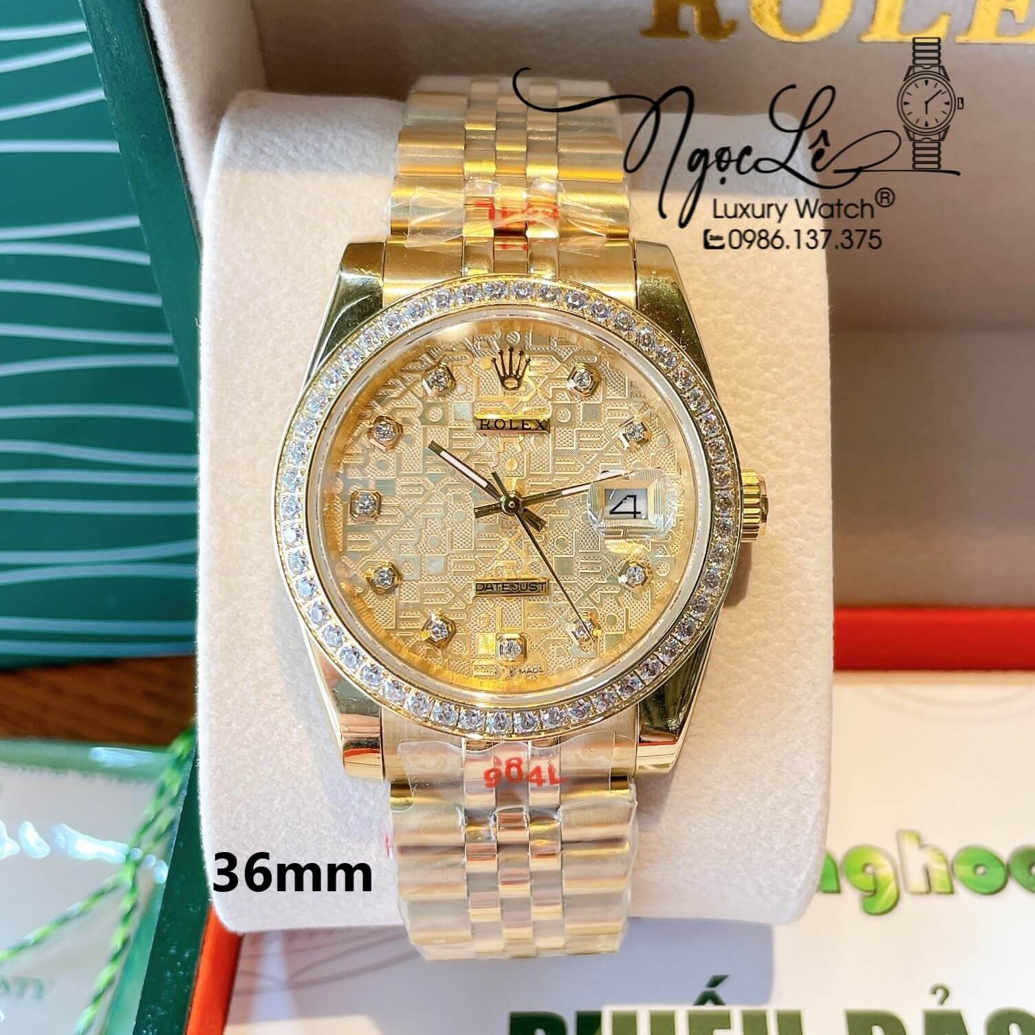 Đồng Hồ Rolex Datejust Quartz Dây Vàng Mặt Vàng Vi Tính Size 36mm Đính Đá