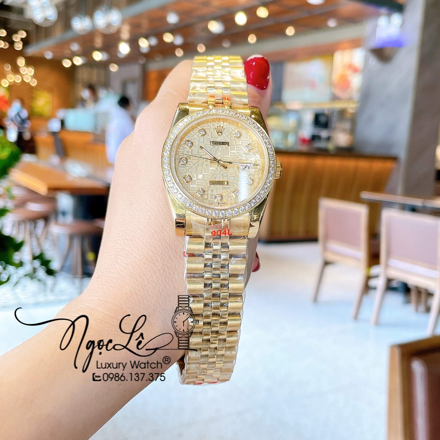 Đồng Hồ Rolex Datejust Quartz Dây Vàng Mặt Vàng Vi Tính Size 36mm Đính Đá