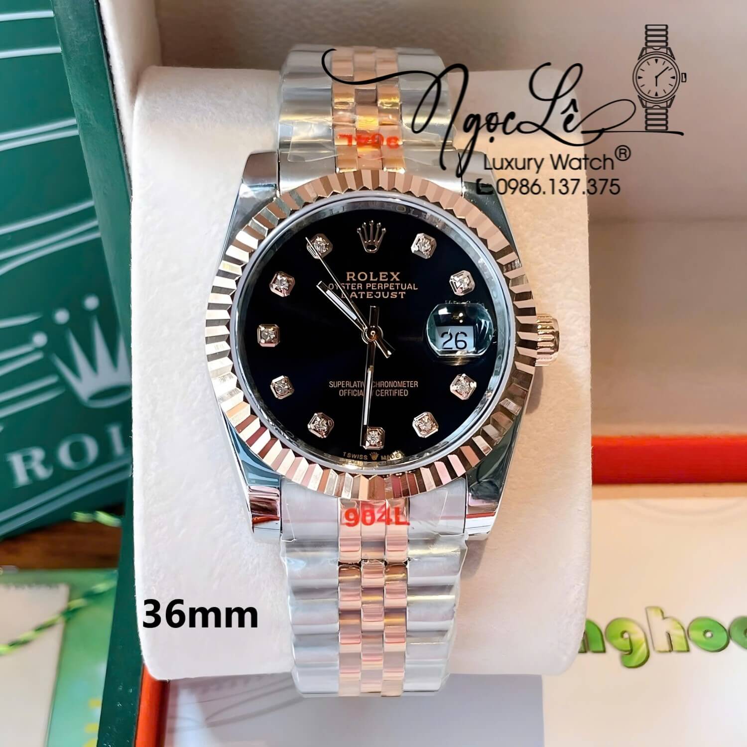 Đồng Hồ Rolex Datejust Quartz Dây Demi Rose Mặt Đen Niềng Khía Size 36mm Cao Cấp