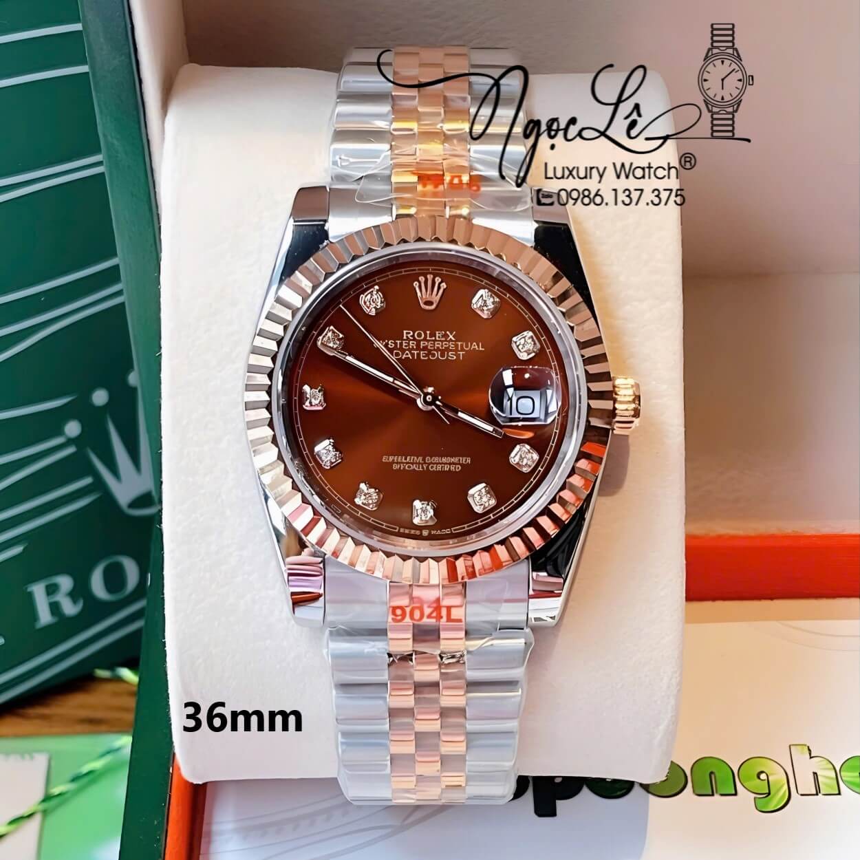 Đồng Hồ Rolex Datejust Quartz Dây Demi Rose Mặt Nâu Niềng Khía Size 36mm Cao Cấp