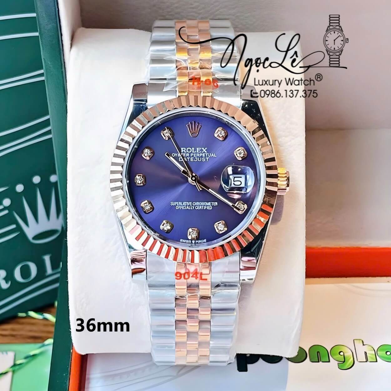 Đồng Hồ Rolex Datejust Quartz Dây Demi Rose Mặt Tím Niềng Khía Size 36mm Cao Cấp