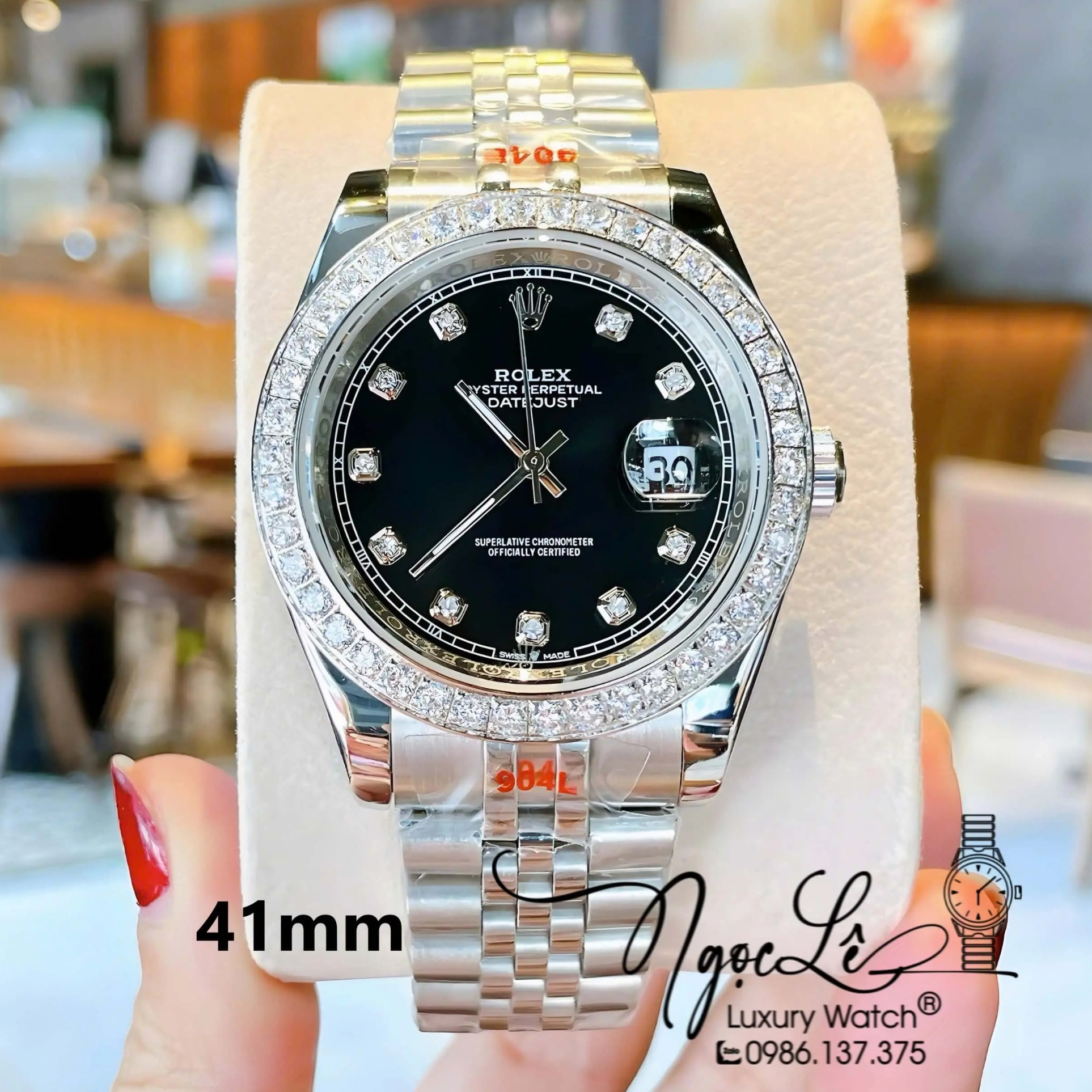 Đồng Hồ Rolex Datejust Nam Màu Bạc Mặt Đen Đính Đá Cao Cấp Size 41mm Máy Pin