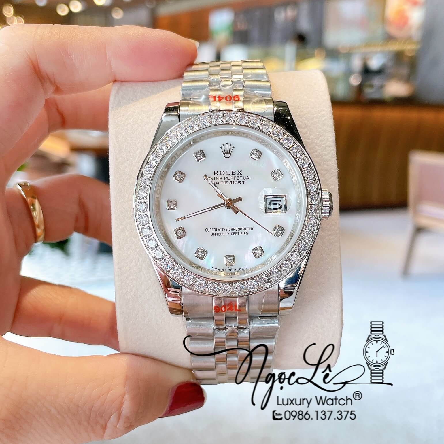 Đồng Hồ Rolex Datejust Nam Màu Bạc Mặt Trắng Xà Cừ Đính Đá Cao Cấp Size 41mm Máy Pin