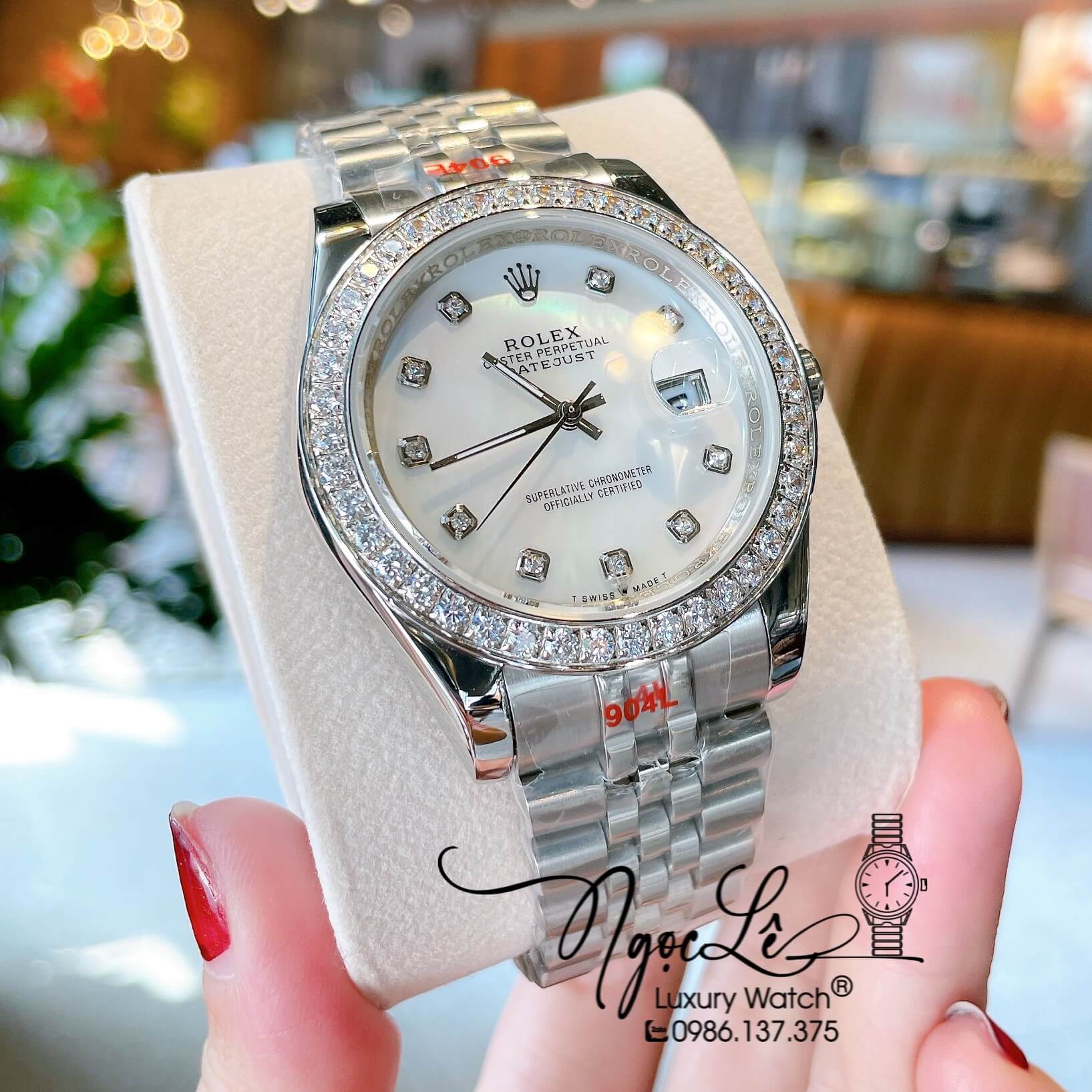 Đồng Hồ Rolex Datejust Nam Màu Bạc Mặt Trắng Xà Cừ Đính Đá Cao Cấp Size 41mm Máy Pin
