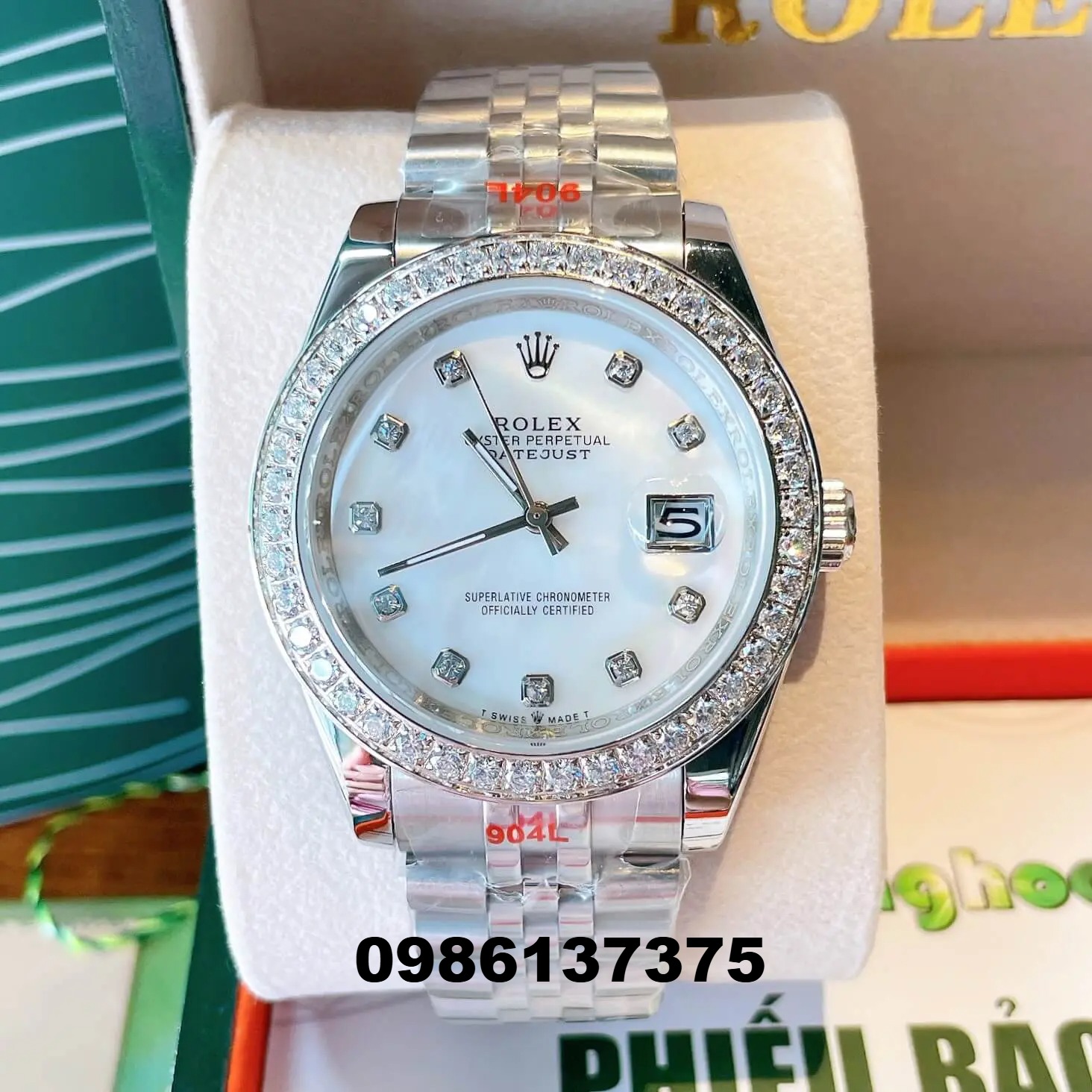 Đồng Hồ Rolex Datejust Nam Màu Bạc Mặt Trắng Xà Cừ Đính Đá Cao Cấp Size 41mm Máy Pin