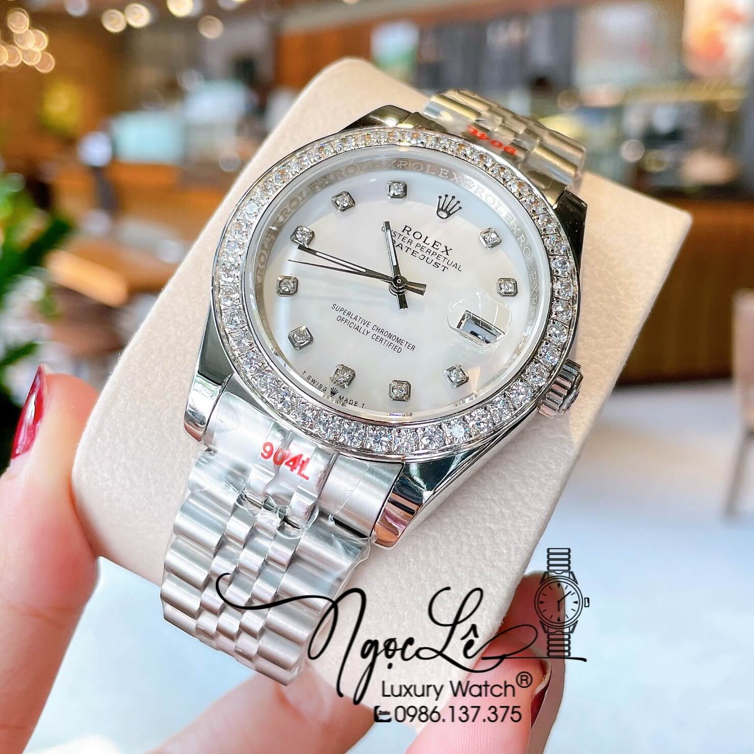 Đồng Hồ Rolex Datejust Nam Màu Bạc Mặt Trắng Xà Cừ Đính Đá Cao Cấp Size 41mm Máy Pin