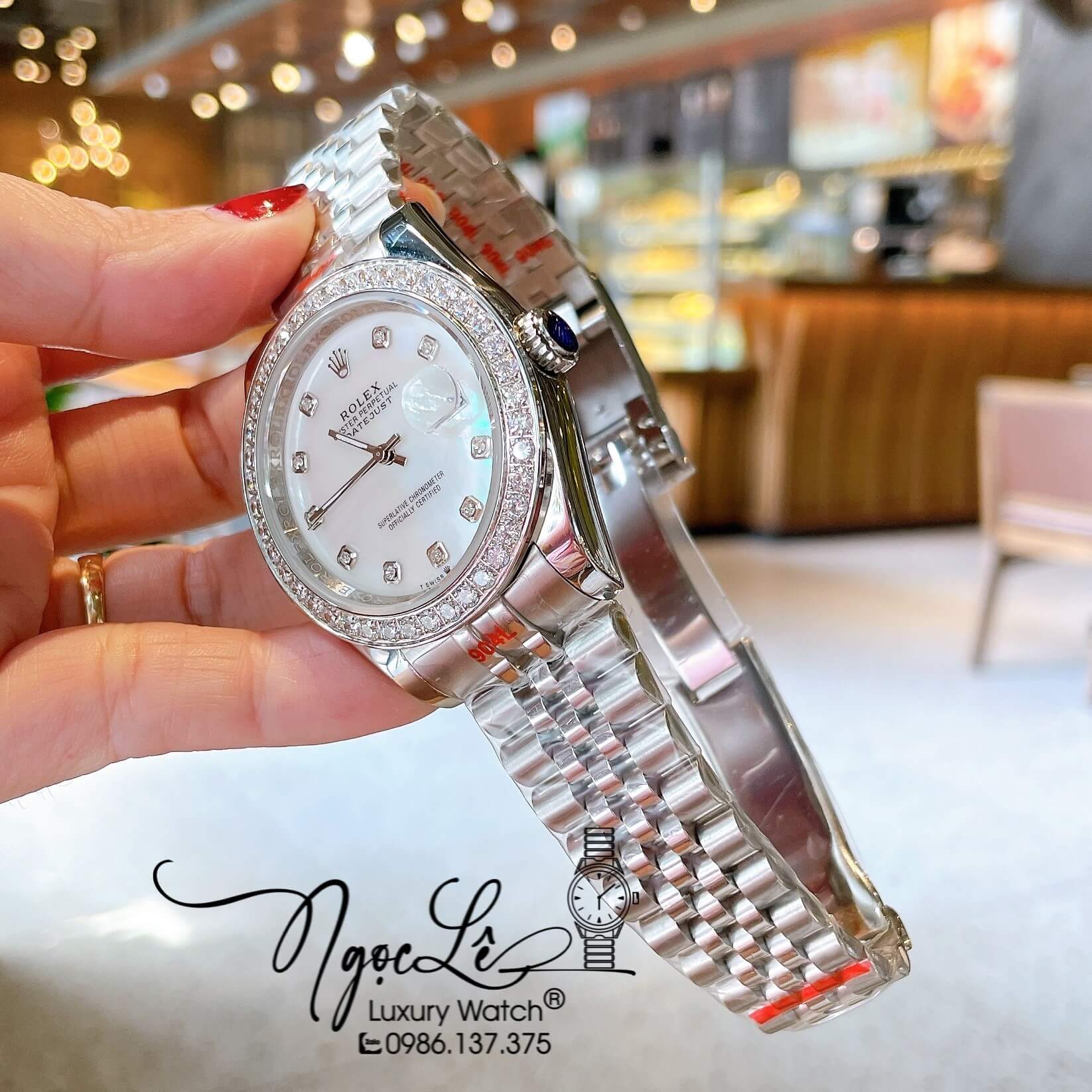Đồng Hồ Rolex Datejust Nam Màu Bạc Mặt Trắng Xà Cừ Đính Đá Cao Cấp Size 41mm Máy Pin