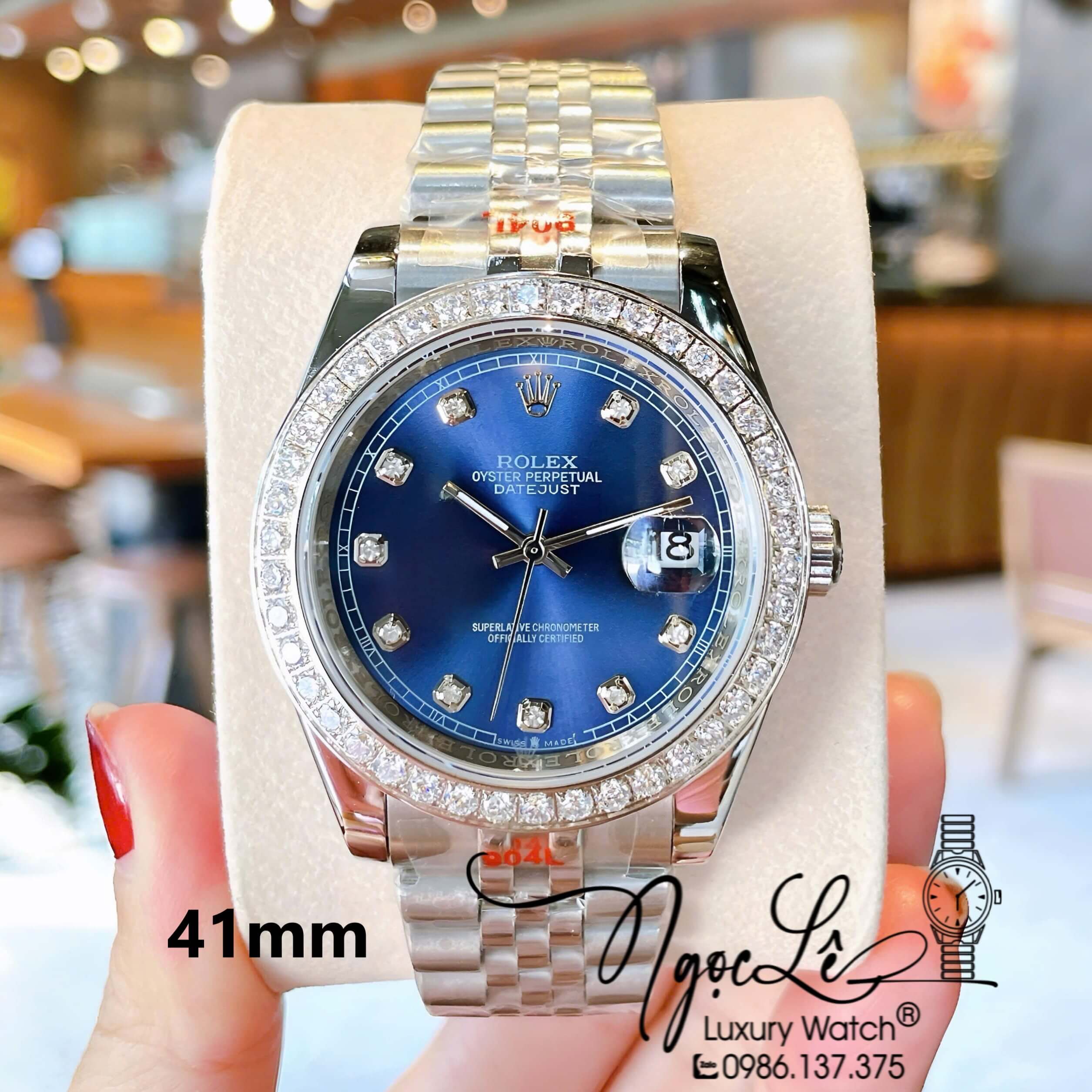 Đồng Hồ Rolex Datejust Nam Màu Bạc Mặt Xanh Navy Đính Đá Cao Cấp Size 41mm Máy Pin