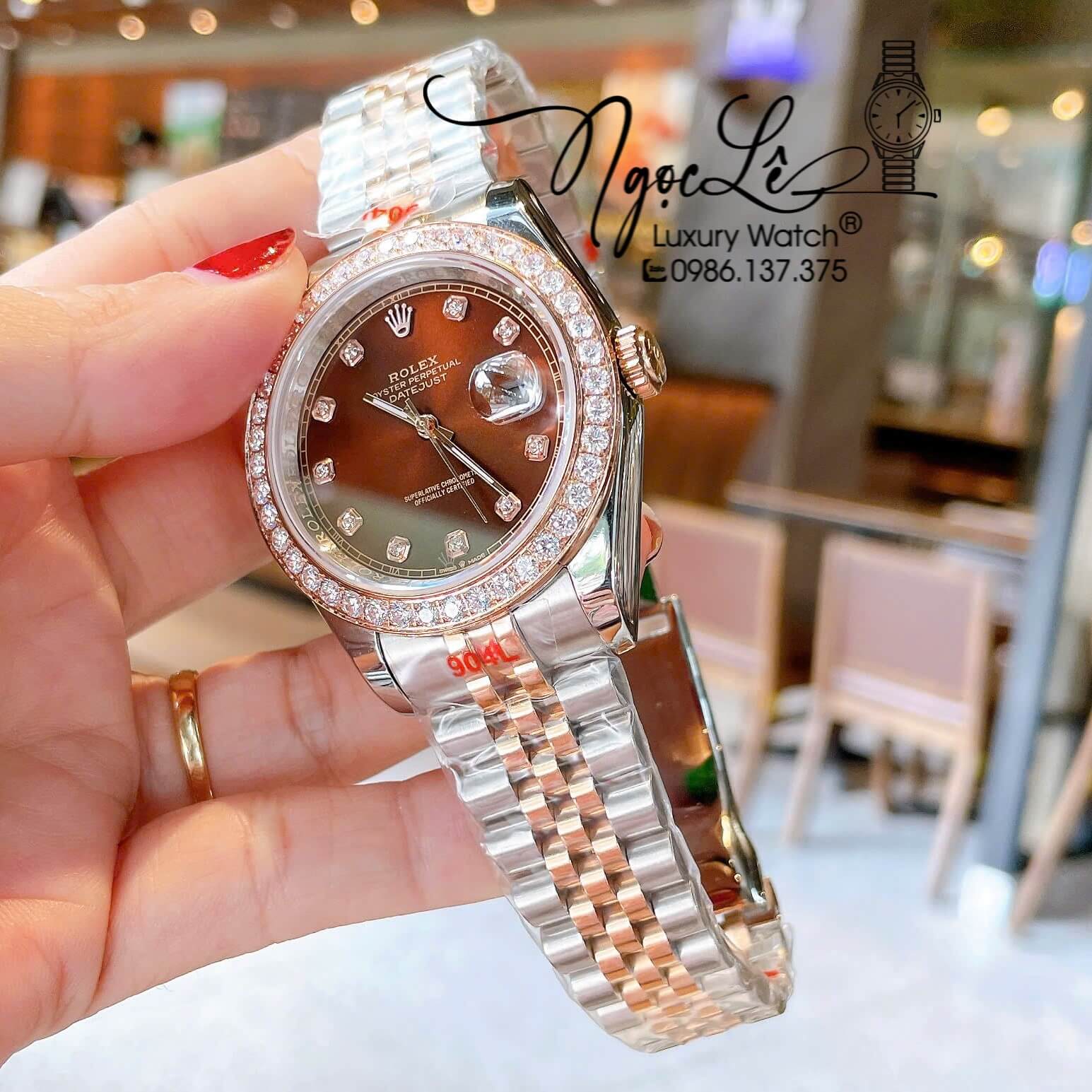 Đồng Hồ Rolex Datejust Nam Màu Demi Rose Mặt Nâu Đính Đá Cao Cấp Size 41mm Máy Pin