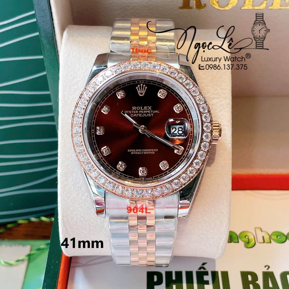 Đồng Hồ Rolex Datejust Nam Màu Demi Rose Mặt Nâu Đính Đá Cao Cấp Size 41mm Máy Pin