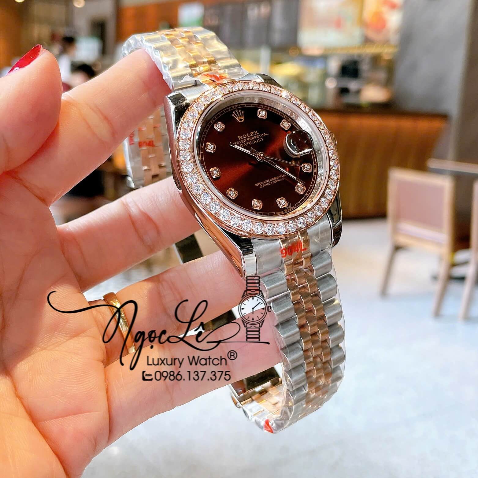 Đồng Hồ Rolex Datejust Nam Màu Demi Rose Mặt Nâu Đính Đá Cao Cấp Size 41mm Máy Pin