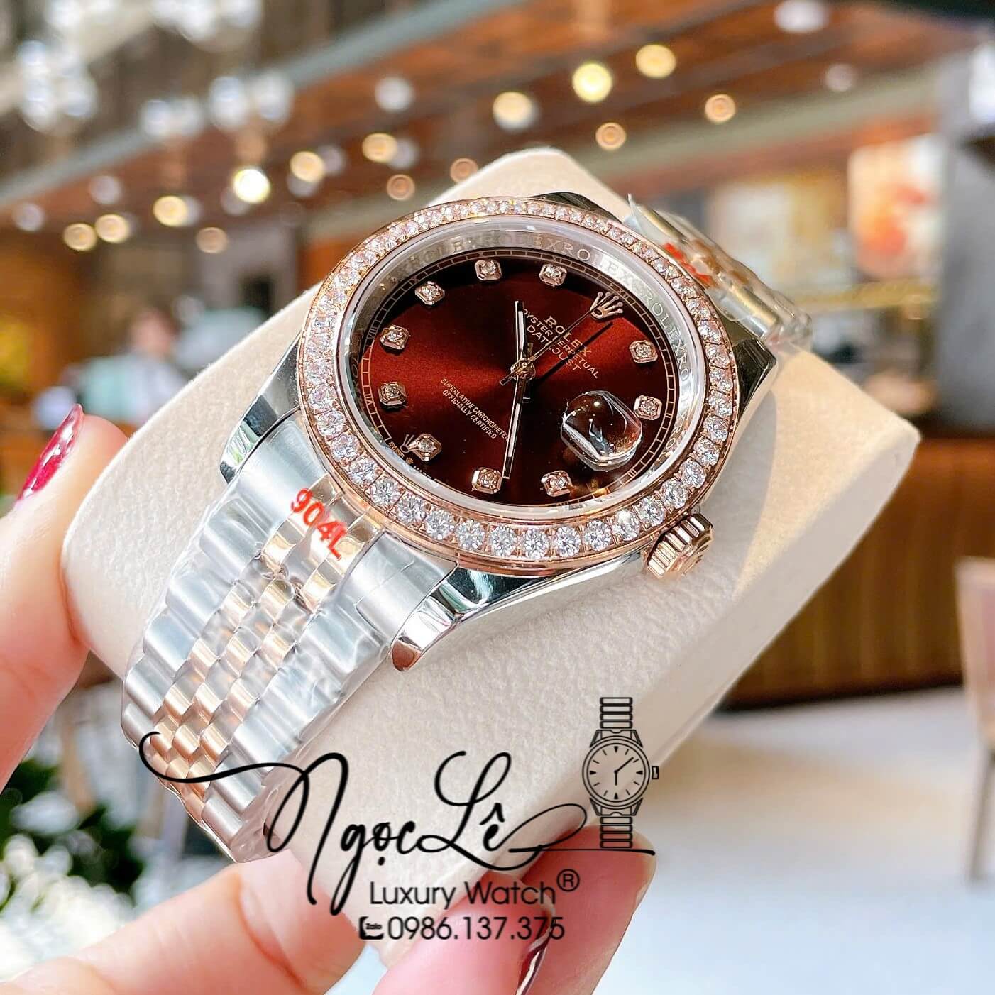 Đồng Hồ Rolex Datejust Nam Màu Demi Rose Mặt Nâu Đính Đá Cao Cấp Size 41mm Máy Pin