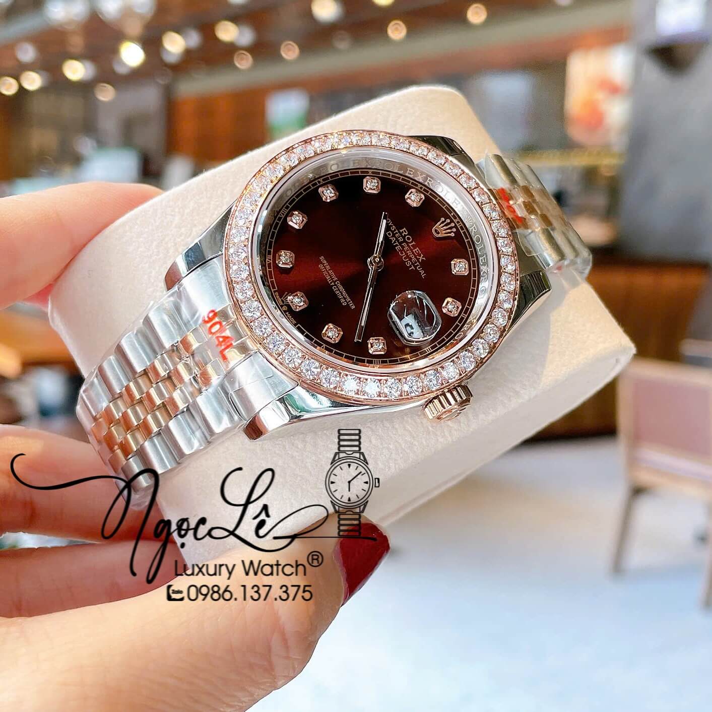 Đồng Hồ Rolex Datejust Nam Màu Demi Rose Mặt Nâu Đính Đá Cao Cấp Size 41mm Máy Pin