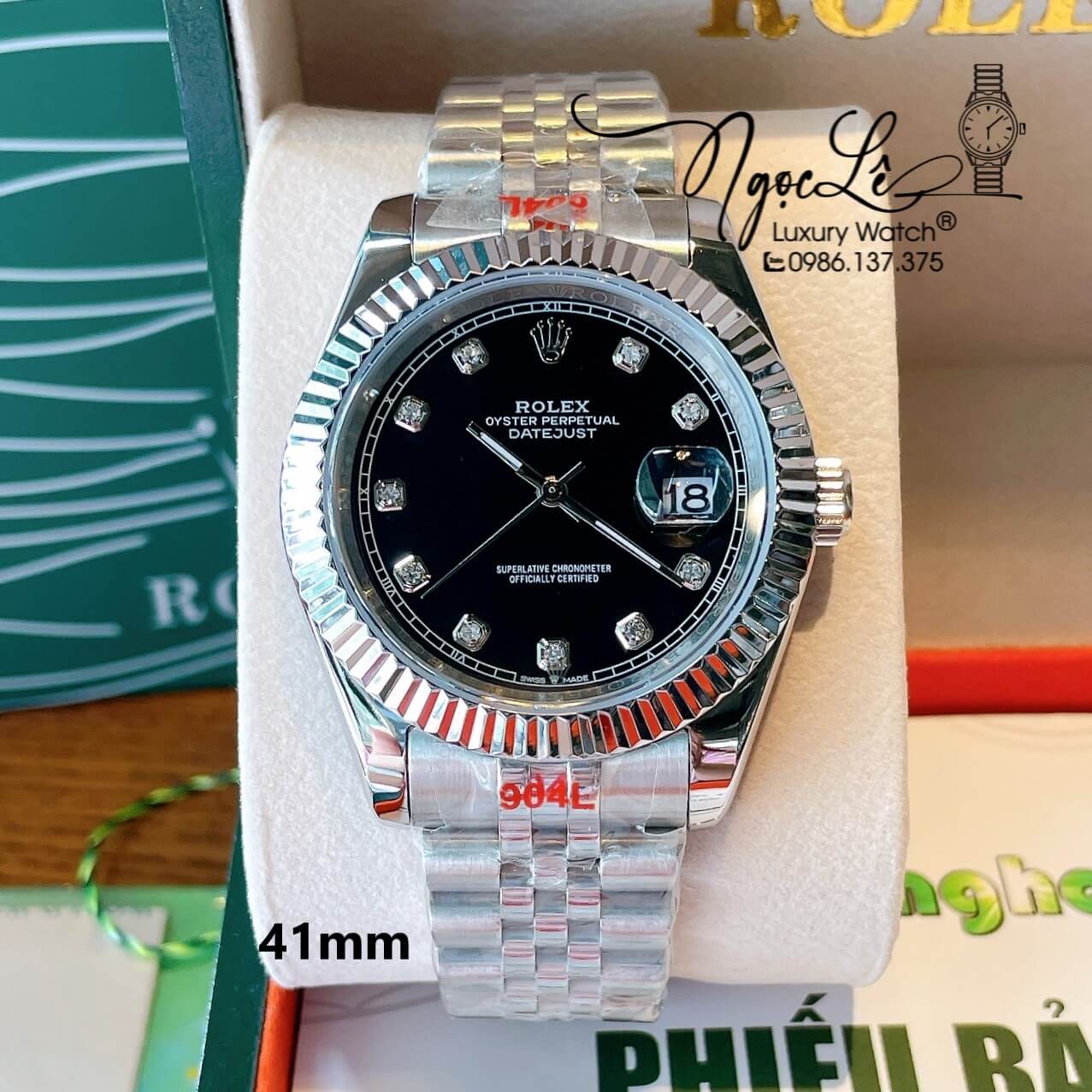Đồng Hồ Rolex Datejust Nam Dây Bạc Mặt Đen Niềng Khía Size 41mm Máy Pin