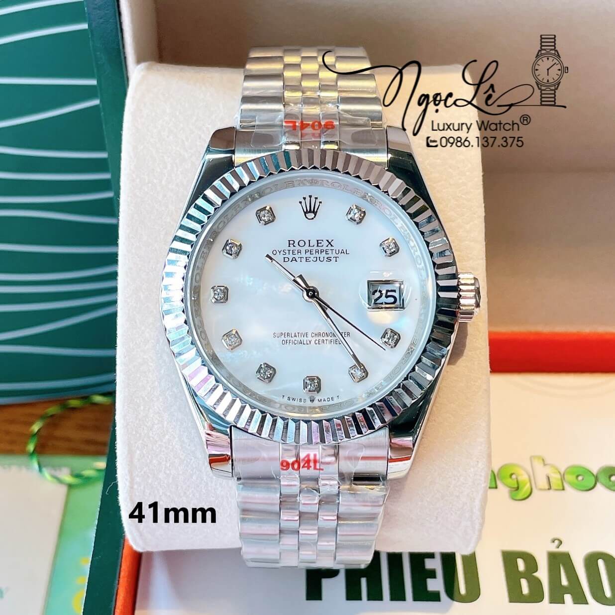 Đồng Hồ Rolex Datejust Nam Dây Bạc Mặt Trắng Xà Cừ Niềng Khía Size 41mm Máy Pin