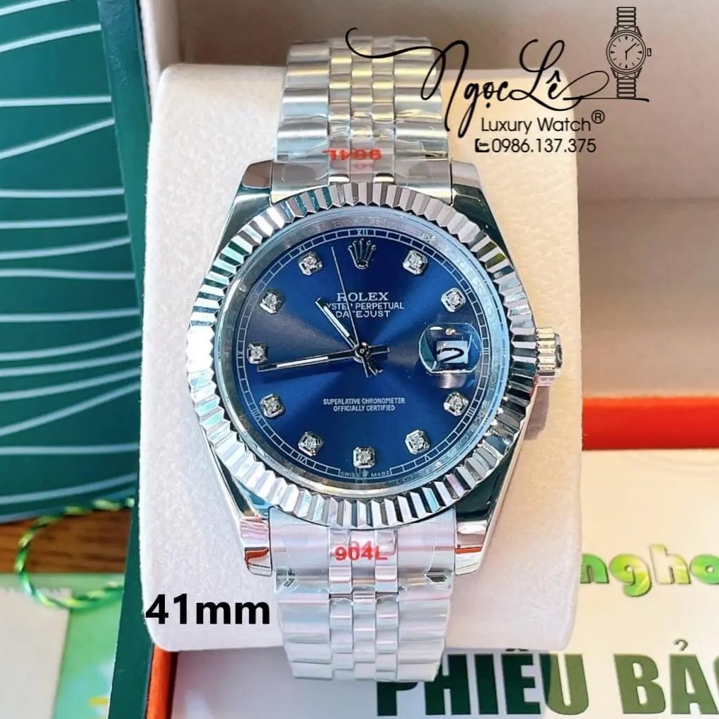 Đồng Hồ Rolex Datejust Nam Dây Bạc Mặt Xanh Navy Niềng Khía Size 41mm Máy Pin