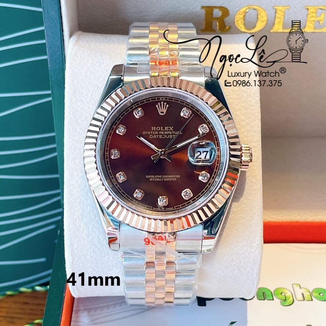 Đồng Hồ Rolex Datejust Nam Màu Demi Rose Mặt Nâu Niềng Khía Size 41mm Máy Pin