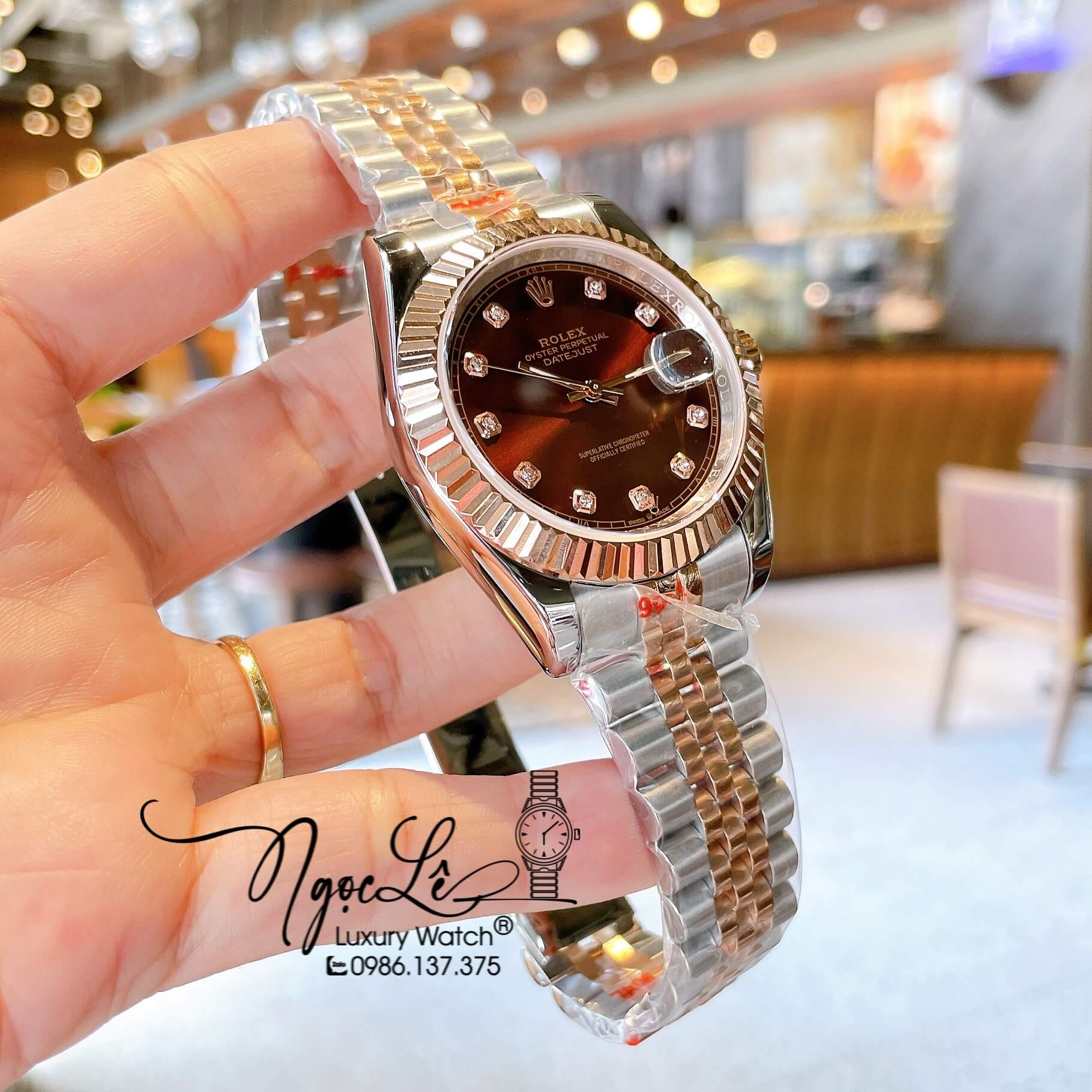 Đồng Hồ Rolex Datejust Nam Màu Demi Rose Mặt Nâu Niềng Khía Size 41mm Máy Pin