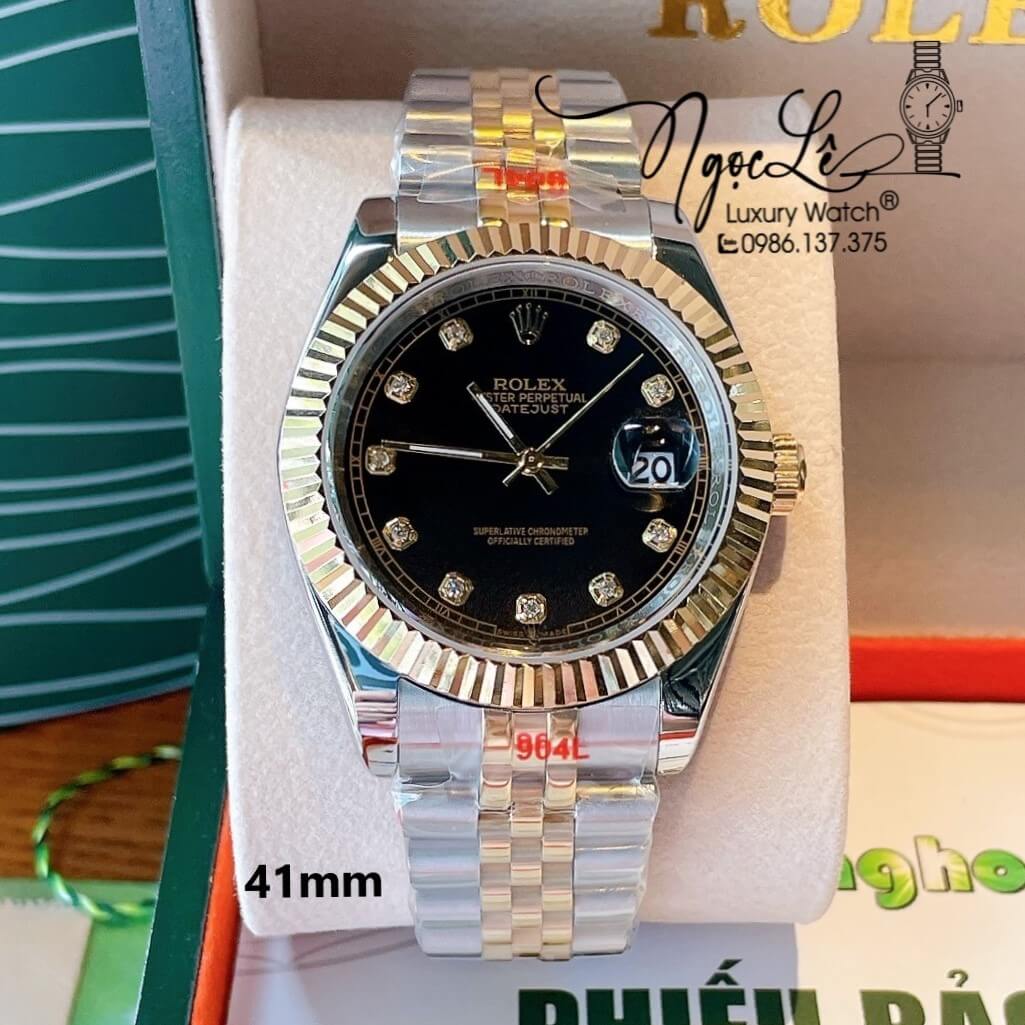 Đồng Hồ Rolex Datejust Nam Demi Vàng Mặt Đen Niềng Khía Size 41mm Máy Pin