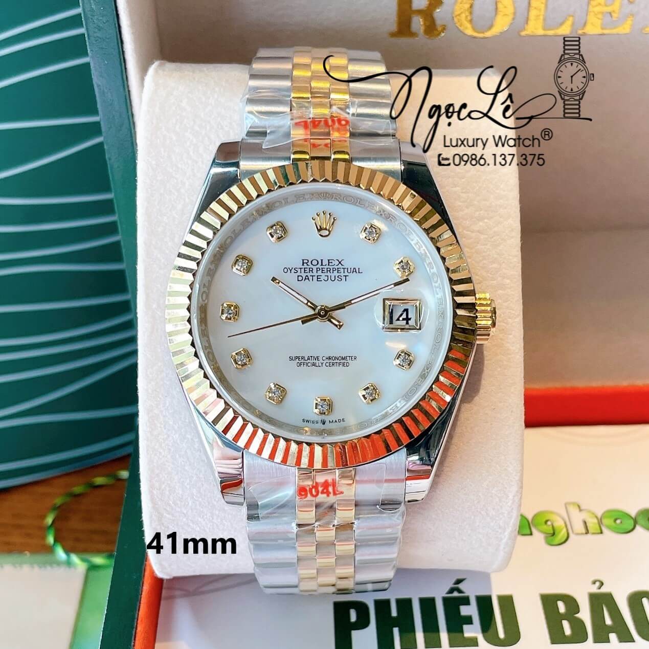 Đồng Hồ Rolex Datejust Nam Demi Vàng Mặt Trắng Xà Cừ Niềng Khía Size 41mm Máy Pin