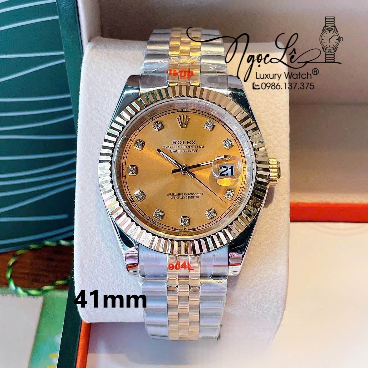 Đồng Hồ Rolex Datejust Nam Màu Demi Vàng Mặt Vàng Niềng Khía Size 41mm Máy Pin