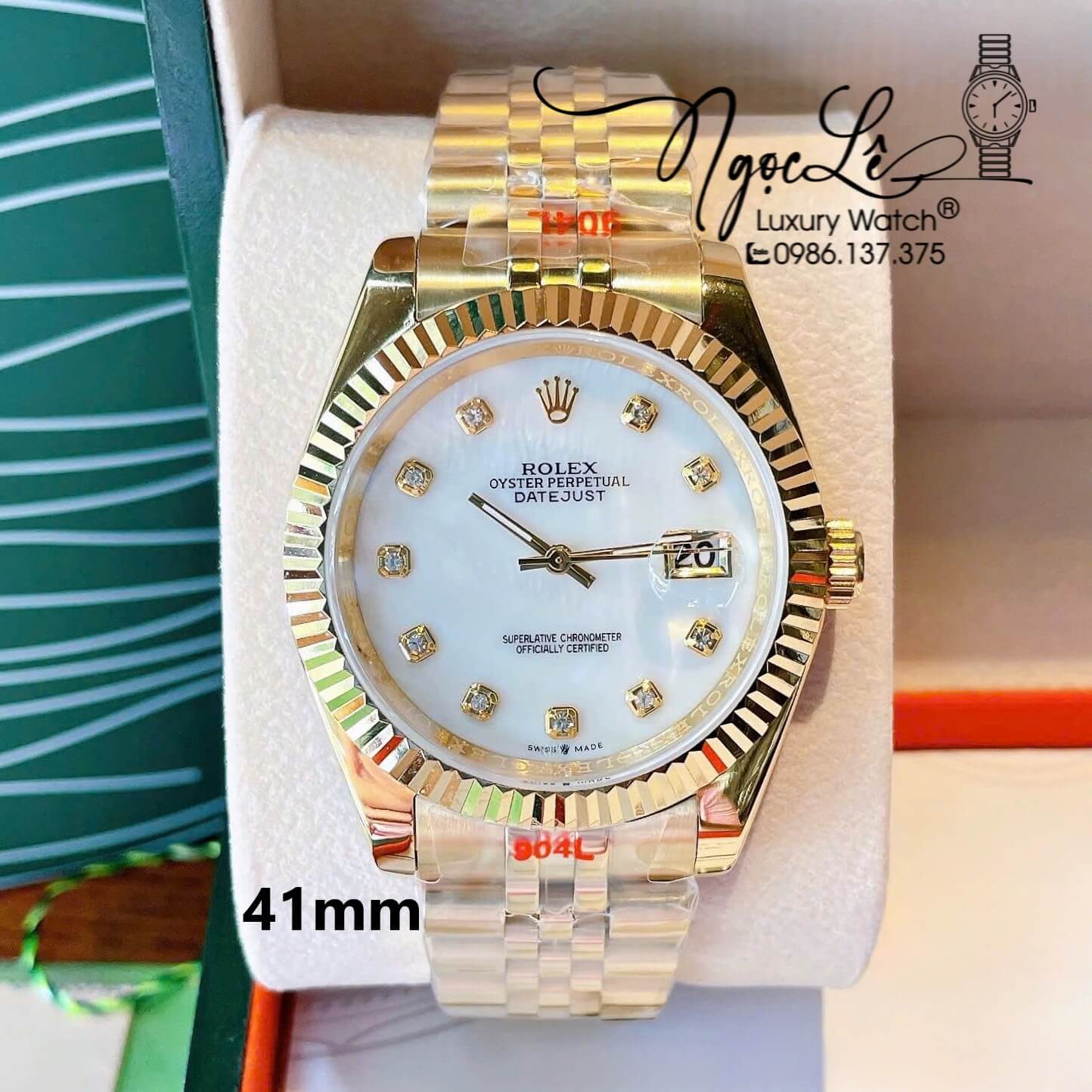 Đồng Hồ Rolex Datejust Nam Màu Vàng Mặt Trắng Xà Cừ Niềng Khía Size 41mm Máy Pin