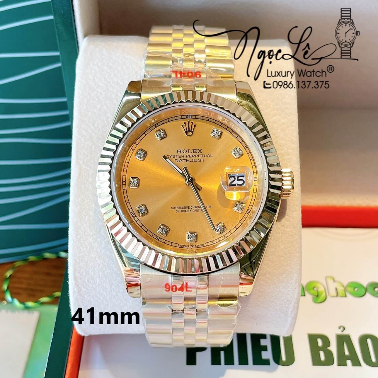 Đồng Hồ Rolex Datejust Nam Màu Vàng Mặt Vàng Niềng Khía Size 41mm Máy Pin