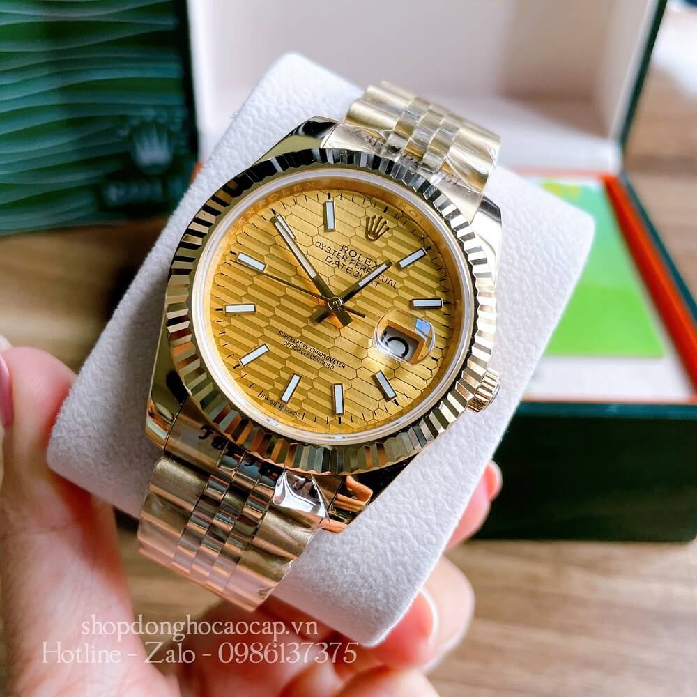 Đồng Hồ Rolex Nam Tự Động Viền Khía Dạ Quang Full Vàng 41mm