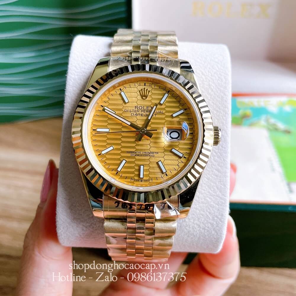 Đồng Hồ Rolex Nam Tự Động Viền Khía Dạ Quang Full Vàng 41mm