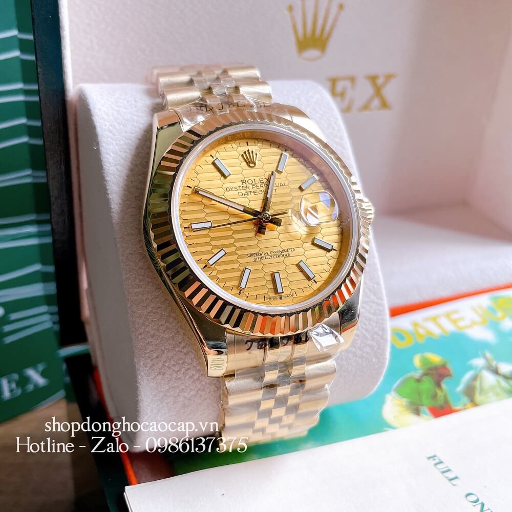 Đồng Hồ Rolex Nam Tự Động Viền Khía Dạ Quang Full Vàng 41mm