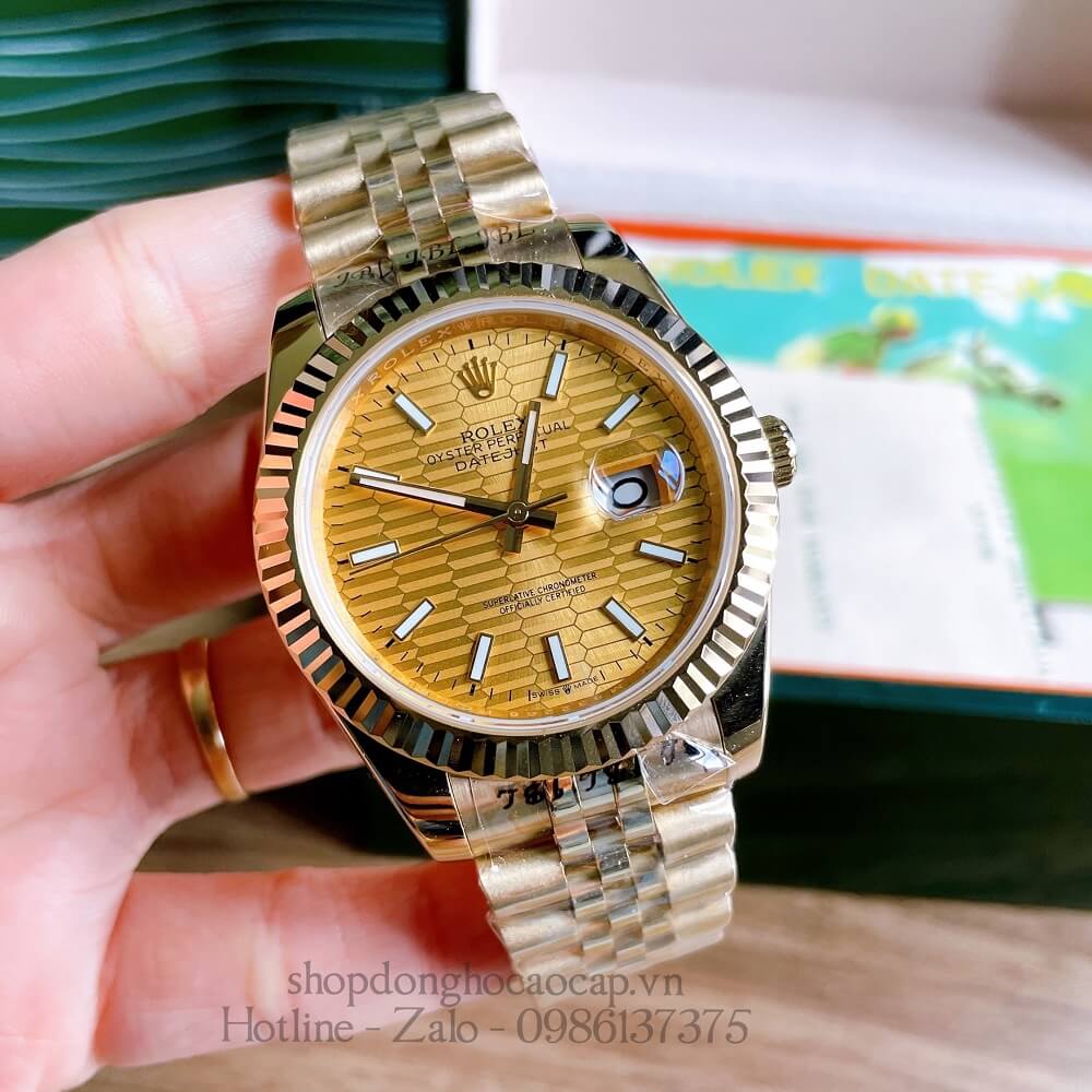 Đồng Hồ Rolex Nam Tự Động Viền Khía Dạ Quang Full Vàng 41mm