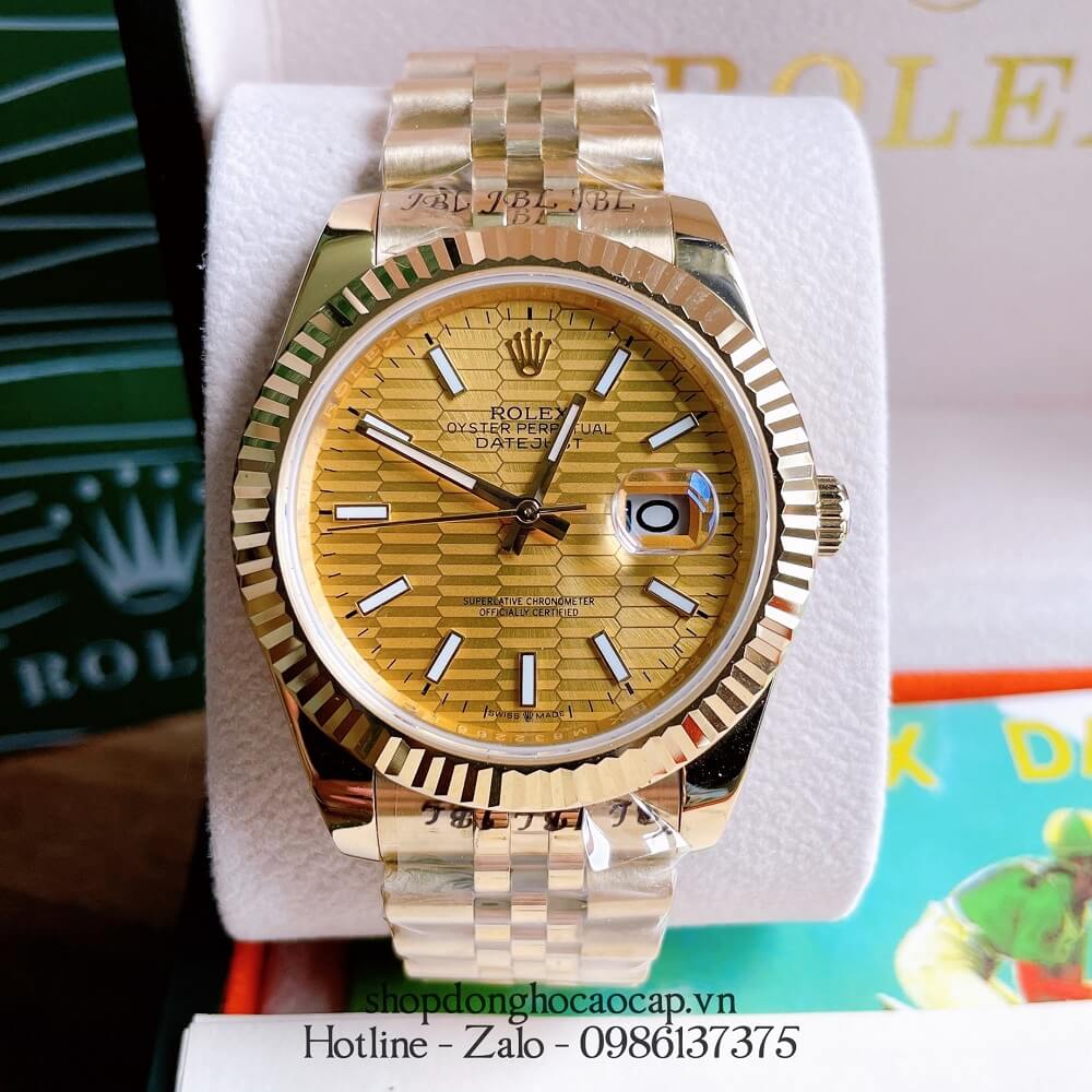 Đồng Hồ Rolex Nam Tự Động Viền Khía Dạ Quang Full Vàng 41mm