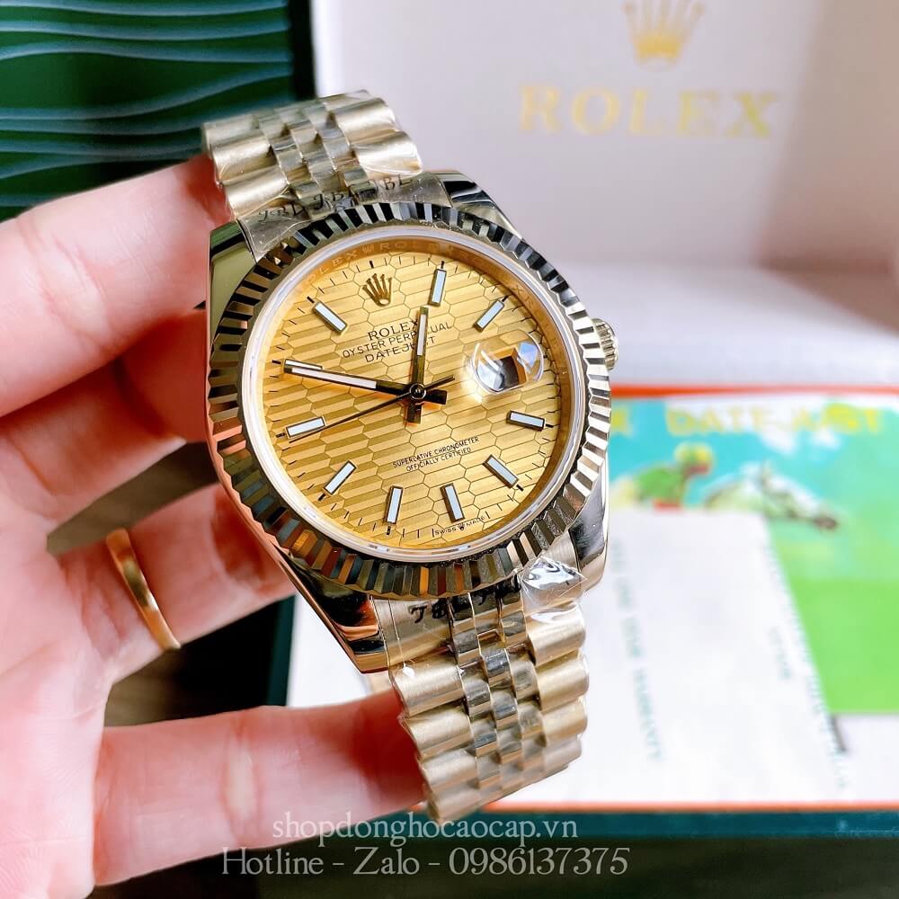 Đồng Hồ Rolex Nam Tự Động Viền Khía Dạ Quang Full Vàng 41mm