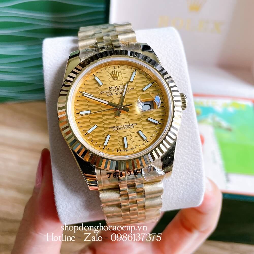 Đồng Hồ Rolex Nam Tự Động Viền Khía Dạ Quang Full Vàng 41mm