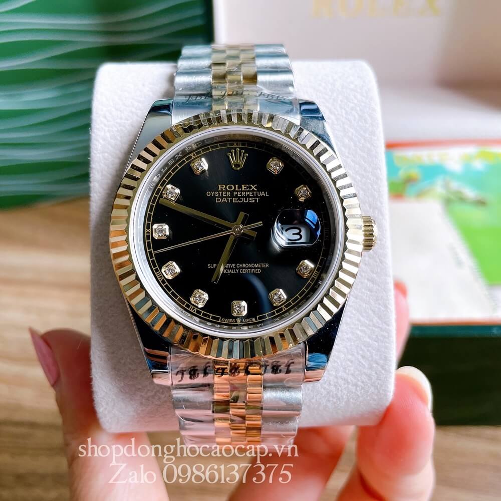 Đồng Hồ Rolex Nam Tự Động Viền Khía Demi Đen Gold 41mm