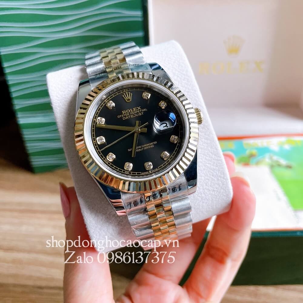 Đồng Hồ Rolex Nam Tự Động Viền Khía Demi Đen Gold 41mm