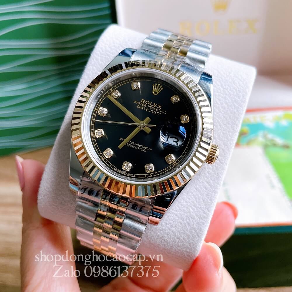 Đồng Hồ Rolex Nam Tự Động Viền Khía Demi Đen Gold 41mm