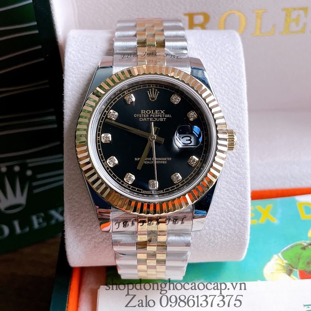 Đồng Hồ Rolex Nam Tự Động Viền Khía Demi Đen Gold 41mm