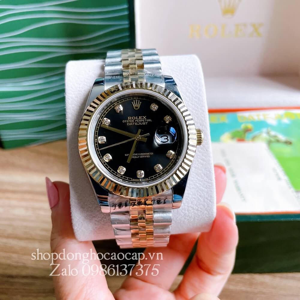 Đồng Hồ Rolex Nam Tự Động Viền Khía Demi Đen Gold 41mm