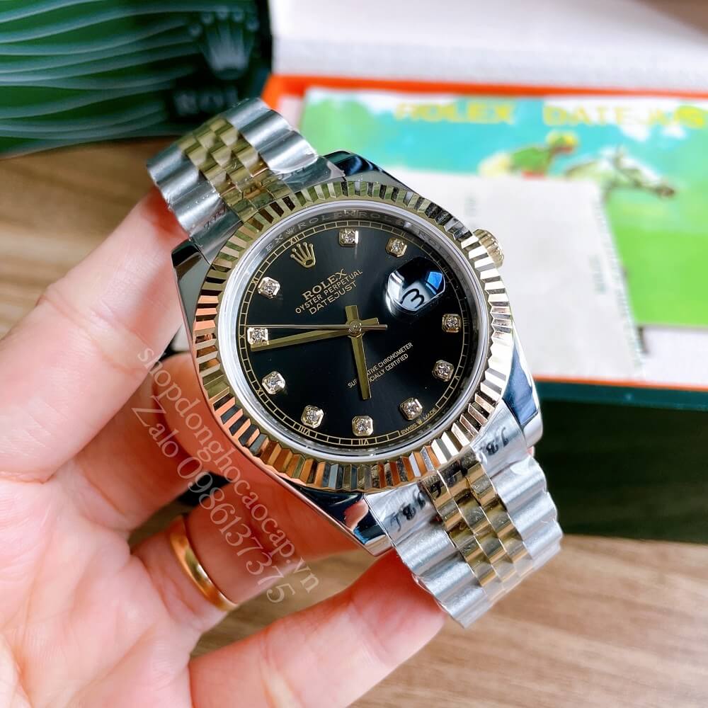 Đồng Hồ Rolex Nam Tự Động Viền Khía Demi Đen Gold 41mm