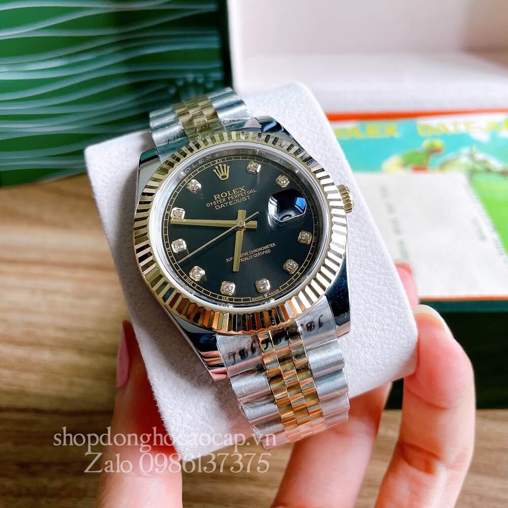 Đồng Hồ Rolex Nam Tự Động Viền Khía Demi Đen Gold 41mm