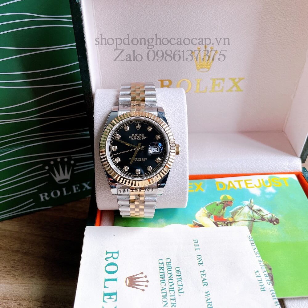 Đồng Hồ Rolex Nam Tự Động Viền Khía Demi Đen Gold 41mm