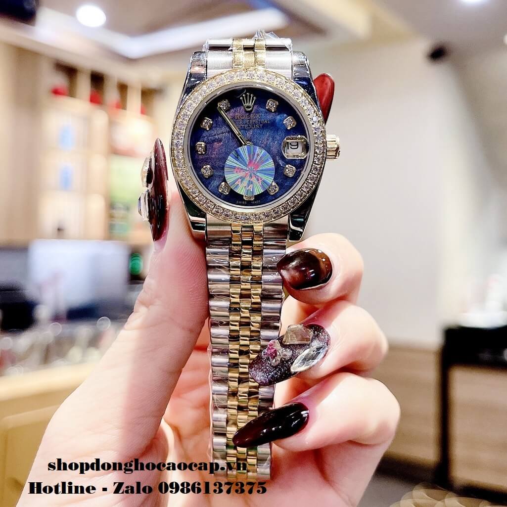 Đồng Hồ Rolex Ngọc Trinh Demi Gold Mặt Xanh Xà Cừ 32mm
