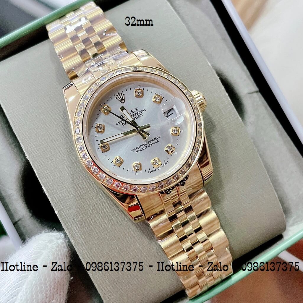 Đồng Hồ Rolex Nữ Vàng Mặt Trắng Máy Pin 32mm