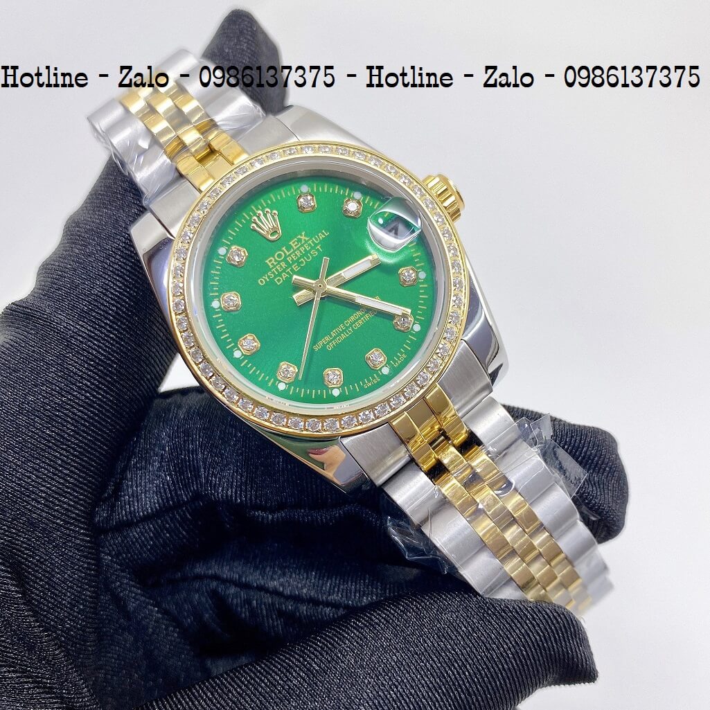 Đồng Hồ Rolex Nữ Demi Vàng Mặt Xanh Lá Máy Pin 32mm