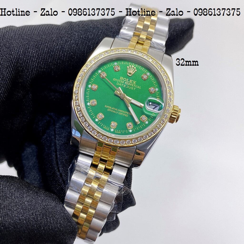 Đồng Hồ Rolex Nữ Demi Vàng Mặt Xanh Lá Máy Pin 32mm
